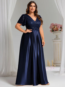 Lång klänning med ärm navy satin