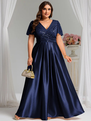 Lång klänning med ärm navy satin