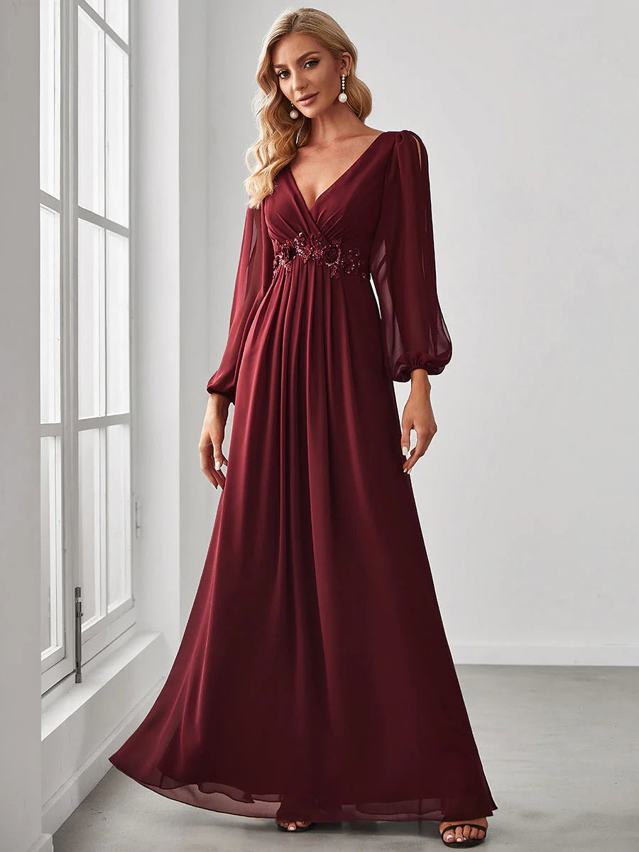 Lång klänning med ärm burgundy